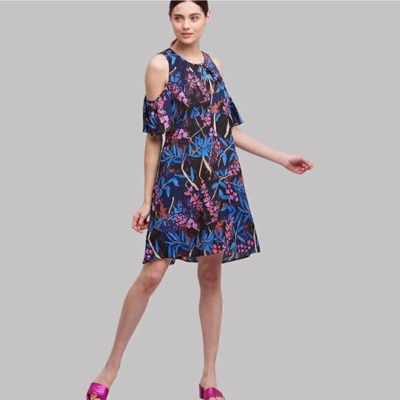 Anthropologie Maeve Elia Short Cold Shoulder Sleeve Midi Dress Blue Floral 2 - Picture 1 of 12